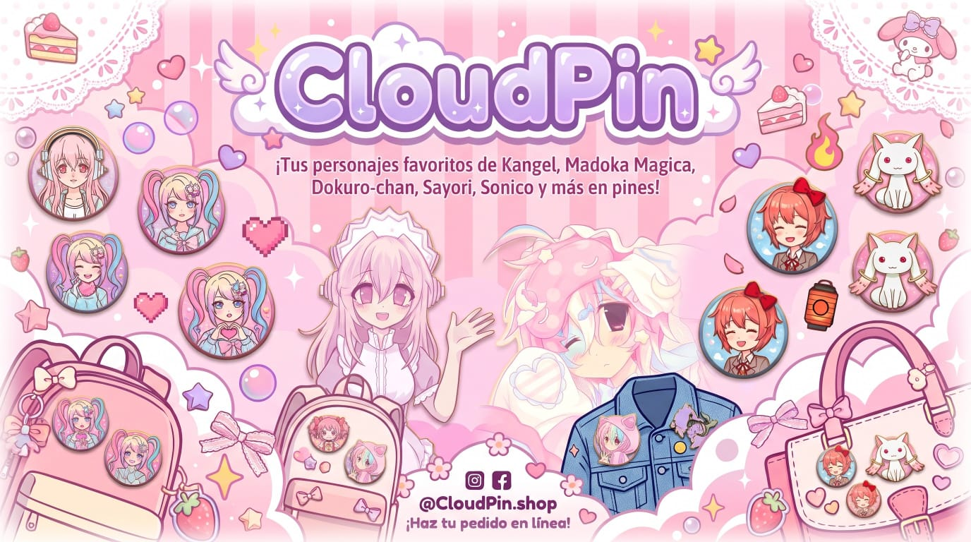 Referencia original de CloudPin: rosa, lila, personajes anime y chapitas kawaii